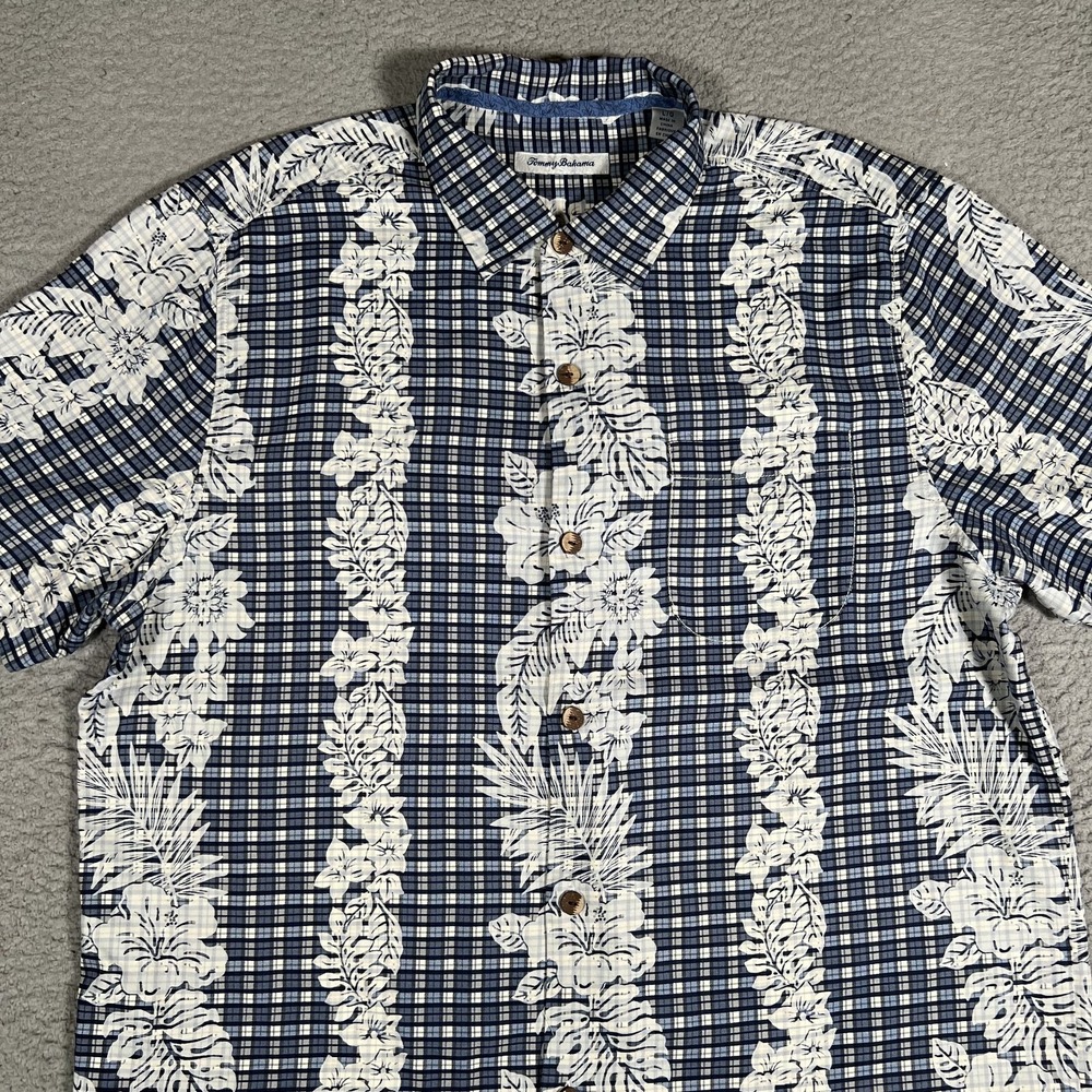 Tommy Bahama Shirt Mens Large Blue Floral Plaid 100% Silk Casual Preppy Pocket - Picture 3 of 12